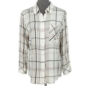 Chicos Top 2 Womens Large Ivory Pink Black Plaid Rayon Blouse Light Academia